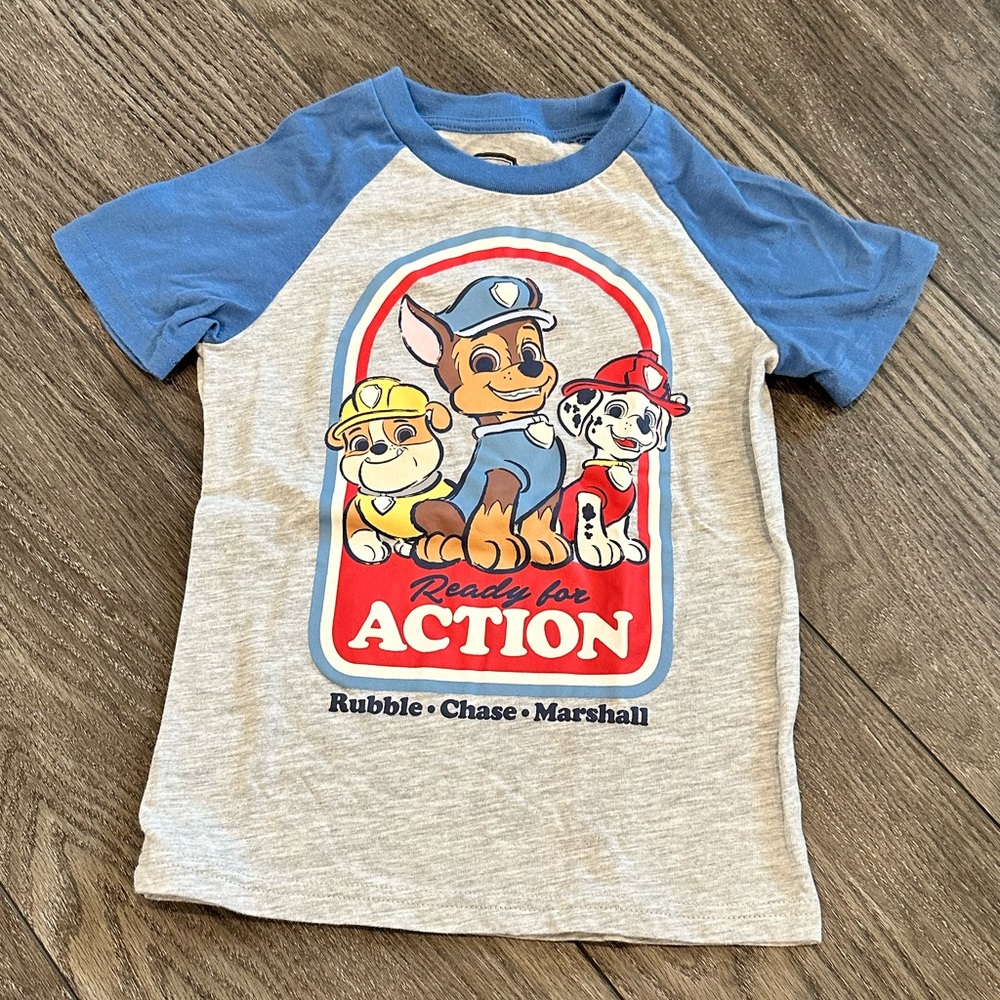 Nickelodeon Paw Patrol Grey Heather Tee with Blue Sleeves and Red Graphic